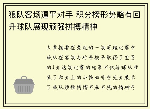 狼队客场逼平对手 积分榜形势略有回升球队展现顽强拼搏精神
