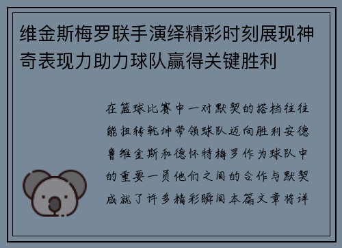 维金斯梅罗联手演绎精彩时刻展现神奇表现力助力球队赢得关键胜利