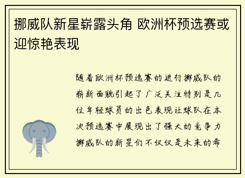 挪威队新星崭露头角 欧洲杯预选赛或迎惊艳表现
